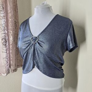 Blue Metallic Crop Top with Heart Rhinestones XL